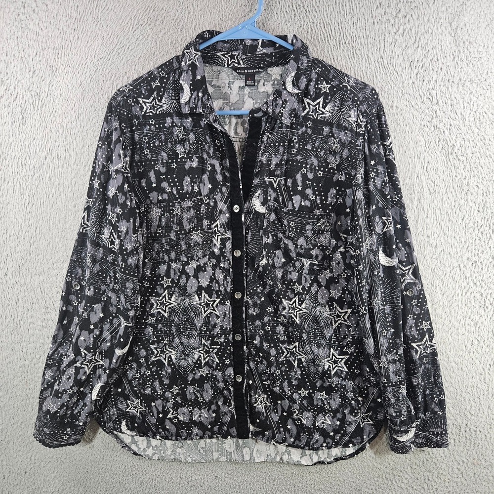Rock & Republic Womens Large Celestial Star Moon Leopard Rayon Button‎ Up Shirt